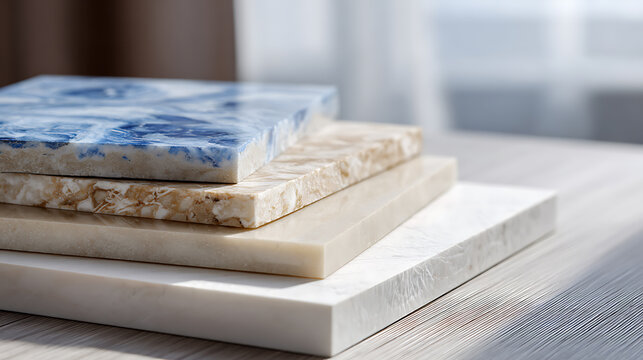 Stack of colorful decorative stone and quartz samples on a light wooden surface, showcasing various patterns and textures for interior design projects
