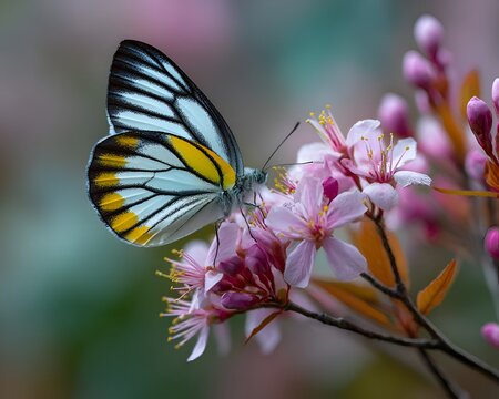 A vibrant painted jezebel butterfly delicately feeds on the nectar of small pink flowers in a soft, natural outdoor setting, creating a tranquil