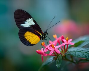 Naklejka premium A black yellow and white butterfly delicately perches on vibrant pink flowers in a lush tropical garden setting on a beautiful summer day.