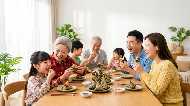 Family gathering enjoying zongzi at dining table during Dragon Boat Festival (Duanwu)