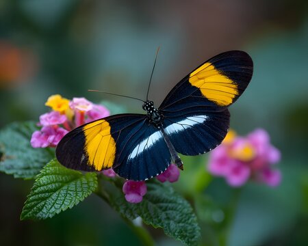 Vibrant heliconian butterfly rests gracefully, its colorful wings contrasting beautifully against a backdrop of soft pink flowers and lush green