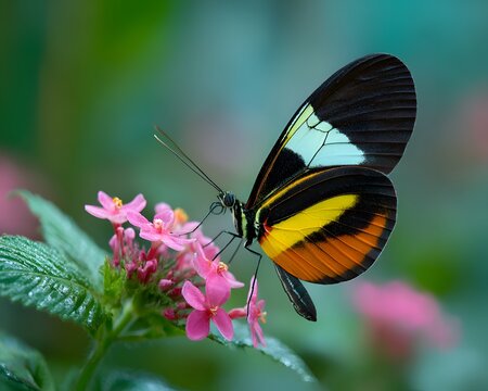 Vibrant heliconian butterfly rests gracefully, its colorful wings contrasting beautifully against a backdrop of soft pink flowers and lush green