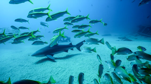A reef shark cruises over a sandy ocean floor surrounded by schools of tropical fish. High-quality underwater marine life photography, perfect for prints