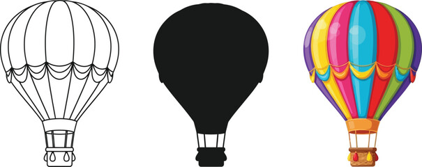 Set of hot air balloons in outline silhouette and colorful cartoon styles ideal graphic elements for travel and adventure themes © Zohaib