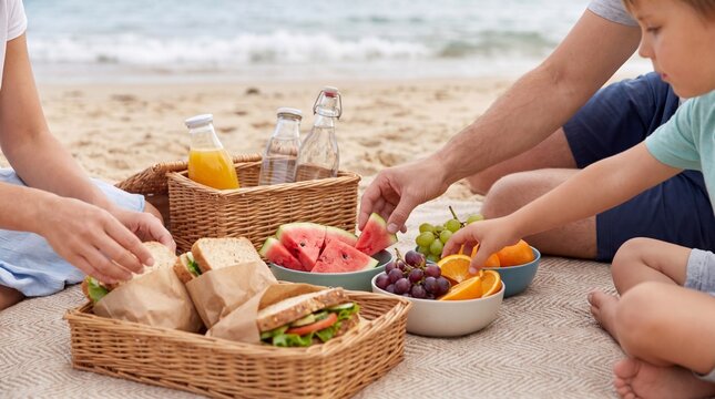 Family enjoying a picnic on the beach with sandwiches, fruits, and drinks arranged in wicker baskets on a sandy surface near the ocean