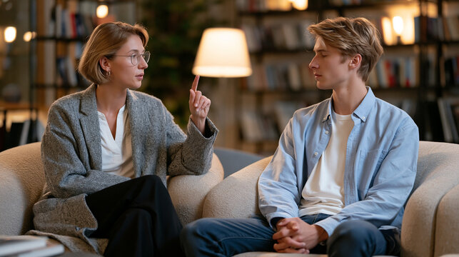 Female psychologist in a calm therapy office guiding a male client whose eyes move horizontally following her raised fingers, both seated facing each other in low upholstered chairs, EMDR session in