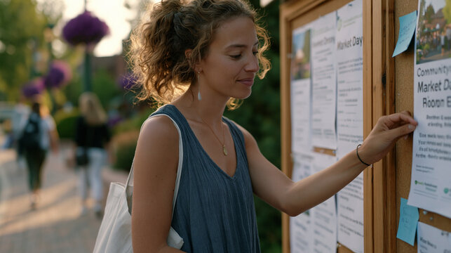 Grassroots nonprofit marketing coordinator posting community event flyers across a neighborhood bulletin board outside a local library, pausing to straighten a printed market day announcement as ped