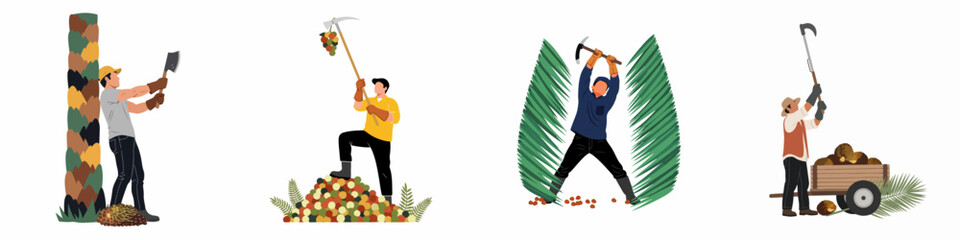 Set of illustrations depicting palm oil harvesting process with workers using traditional tools for cutting, collecting, and transporting oil palm fruit bunches. © Sugik