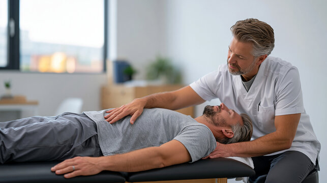 Male physical therapist and client working together in a rehabilitation studio, client lying supine on a treatment table performing slow guided leg pendulum movements as part of somatic trauma relea