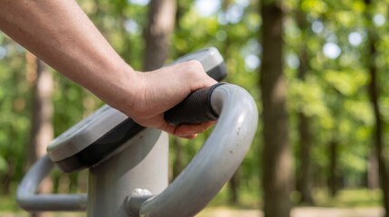 Naklejka premium Close-up of a hand gripping the handle of outdoor fitness equipment in a green park, surrounded by trees and natural sunlight filtering through the leaves