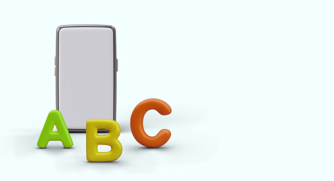 Advertising text application on phone. Realistic smartphone, first letters of alphabet. Online language learning. Vector concept of language game, English language courses