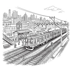 Naklejka premium Commuter Train at City Station Platform, Retro Urban Transit Engraving Style