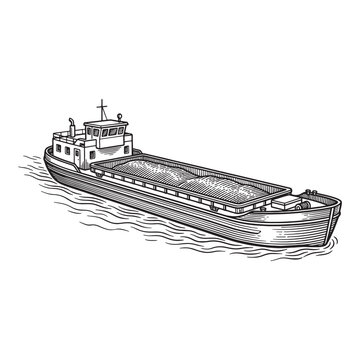 Vintage River Freight Barge Ship, Detailed Commercial Maritime Inland Transport Art