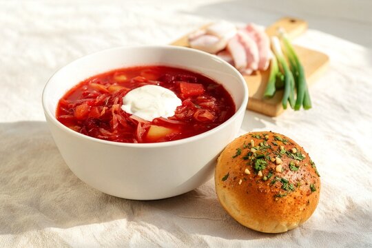 Ukrainian Borscht With Sour Cream and Pampushka