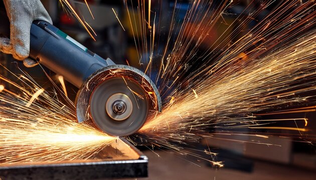 close up of an angle grinder in action creating a shower of bright sparks while cutting metal in a workshop