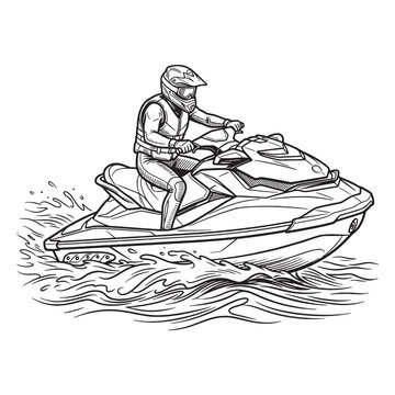 Jet Ski Rider Splashing Waves, Detailed Vintage Action Watersports Engraving