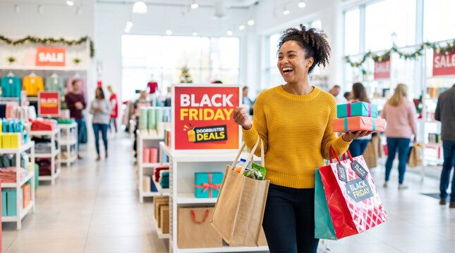 Happy woman shopping during Black Friday doorbuster deal in store