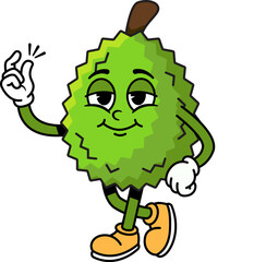 Fototapeta premium Groovy Retro Durian Character Snapping Fingers, Fun Cute Cartoon Illustration of Cool Confident Smiling Durian Fruit with Snap Gesture in Vintage Groovy Style
