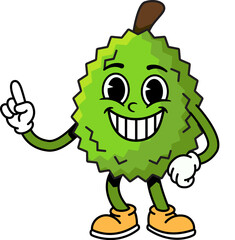Fototapeta premium Groovy Retro Durian Character Pointing Finger Up, Fun Cute Cartoon Illustration of Cool Confident Smiling Durian Fruit with One Finger Up Gesture in Vintage Groovy Style