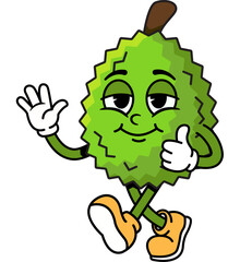 Fototapeta premium Groovy Retro Durian Character Waving and Giving Thumbs Up, Fun Cute Cartoon Illustration of Friendly Happy Durian Fruit with Wave and Approval Gesture in Vintage Groovy Style