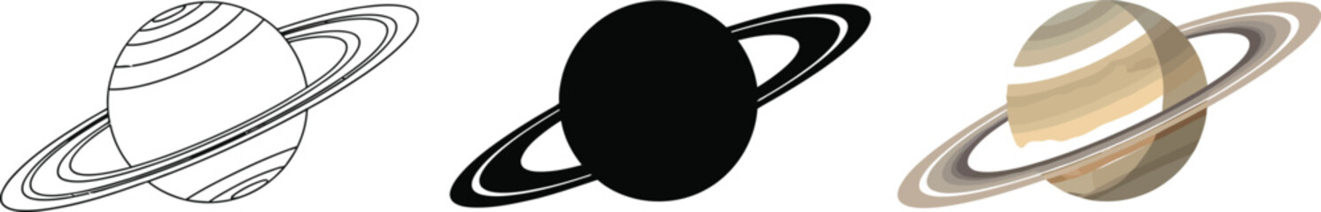 Collection of Saturn planet illustrations presented in outline silhouette and colored styles suitable for educational content web elements and space-themed designs © Zohaib