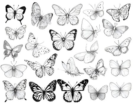 Collection of hand drawn butterflies with different wing patterns illustrated in detailed black and white pencil sketch style on white background.