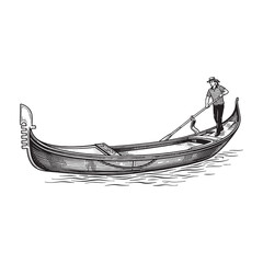 Traditional Venetian Gondola with Gondolier, Vintage Nautical Boat Illustration © trianatio