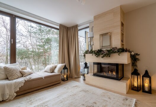 Cozy modern living room with fireplace and winter views