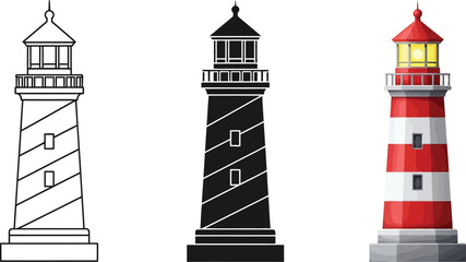 Vector set of lighthouses in three distinct styles including outline solid black and colorful striped designs with a glowing beacon perfect for maritime navigation and coastal themes © Zohaib