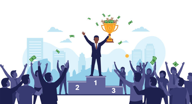 Businessman standing on top position of a podium holding a trophy with money raining down and a cheering crowd below.