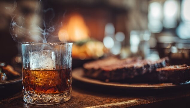 Amber beverage with large ice chunk emits vapor near a savory meal by a warm glow