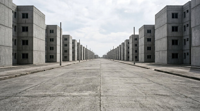 Empty gray concrete street running directly through a minimalist garrison city filled with identical buildings