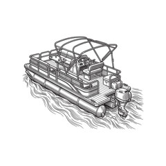 Motorized Pontoon Boat on Water, Vintage Detailed Leisure Watercraft Sketch © trianatio