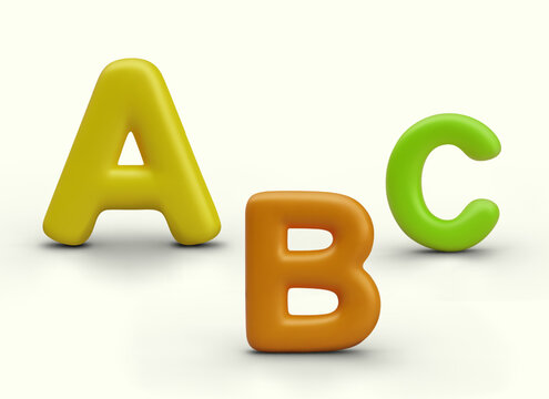 Vector composition of first letters of alphabet. Concept of language learning. Funny text symbols. A, B, C. Group of elements on color background. Children poster for school, linguistic class