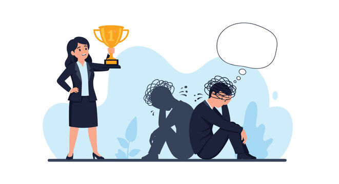 Successful businesswoman holding a trophy next to a depressed businessman sitting in his own shadow with troubled thoughts.
