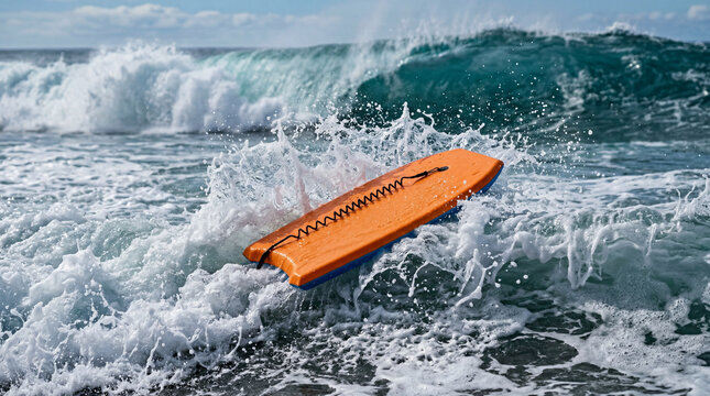 Close Up Ocean Wave Splash with Empty Boogie Board Showing Dynamic Motion and Vibrant Colors