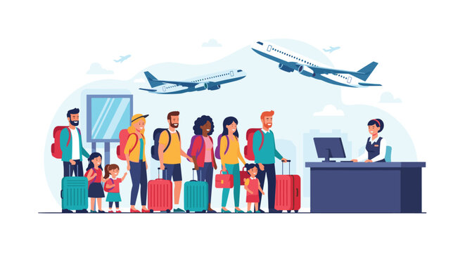 Large group of tourists with suitcases standing in line at an airport check-in desk with airplanes flying in the blue sky.