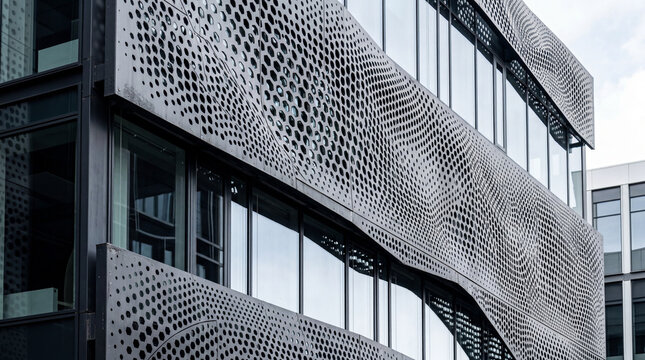 Close up of a modern building facade with parametric perforated metal screens and unique overlays