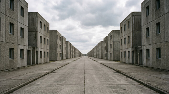 Empty concrete street running through a minimalist garrison city featuring rows of identical industrial buildings