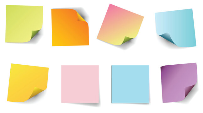Set of colorful blank sticky notes with curled corners and realistic shadows isolated on a white background vector illustration