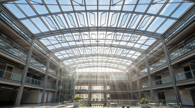 Large architectural atrium ceiling with automated operable glass louvers open for ventilation natural light