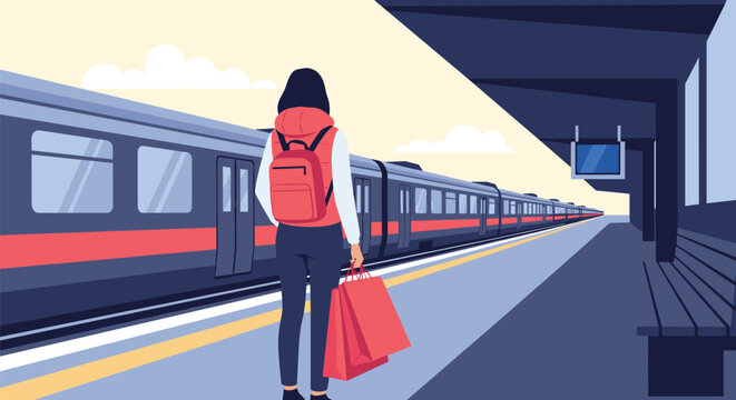 Young woman with a red backpack and shopping bags standing on a railway platform waiting for a passenger train to arrive at the station.