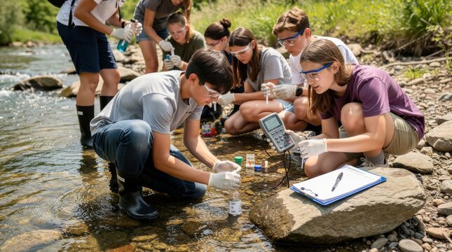 Students Conduct Outdoor Science Experiment in Water Stream