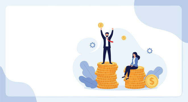 Successful businessman and businesswoman standing on unequal stacks of gold coins illustrating the concept of gender pay gap in business.