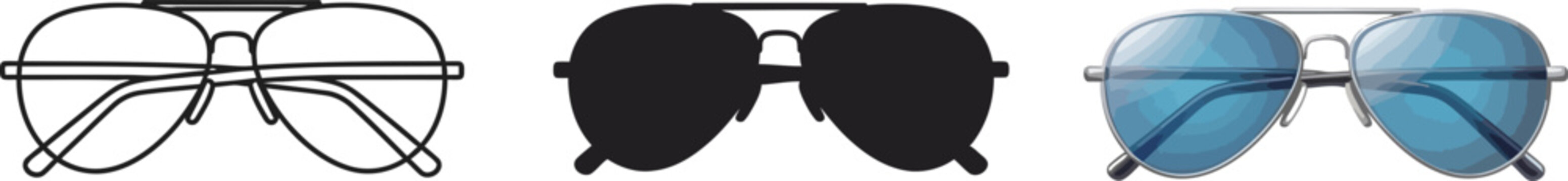 Iconic aviator sunglasses set featuring outline solid black and blue tinted designs perfect for fashion summer and travel concepts