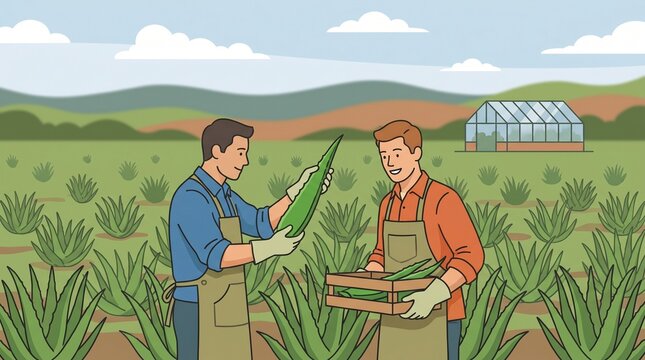Two farmers harvesting aloe vera plants in a field with a greenhouse backdrop illustrating sustainable agriculture and farming.