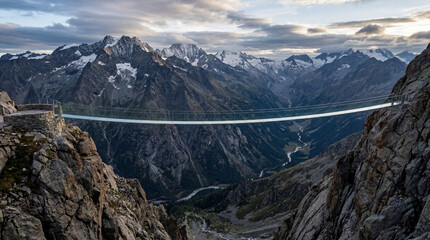Obraz premium Ultra Thin Glass Bridge Blending into Mountain Backdrop Minimal Architectural Wonder for Scenic Travel Promotions