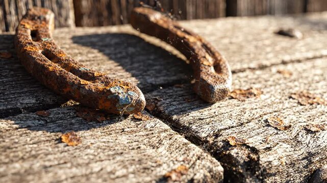 Rusty horseshoes on weathered wood