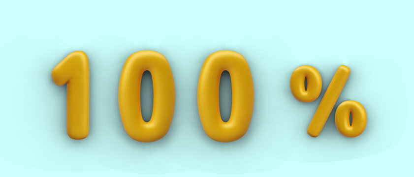 100 percent. Vector math symbol in 3D style. Golden numbers on blue background. Template for concepts of high quality, guarantee, qualification. Color banner