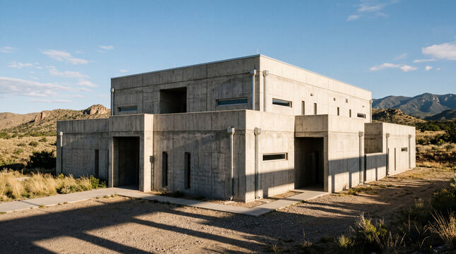 Sleek modern garrison building with a flat roof and monolithic concrete blocks casting shadows photo